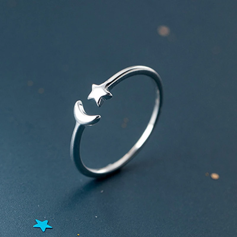 

925 Sterling Silver Sweet Moon And Star Open Mothers Finger Ring Size
