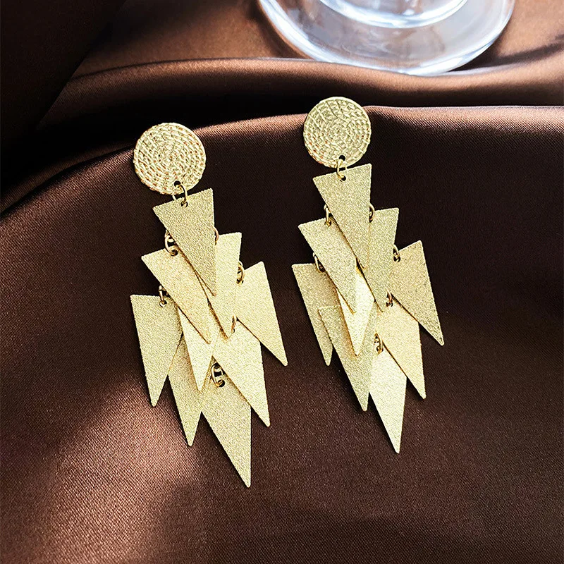 

triangle metal pendants gold plated long hanging earrings