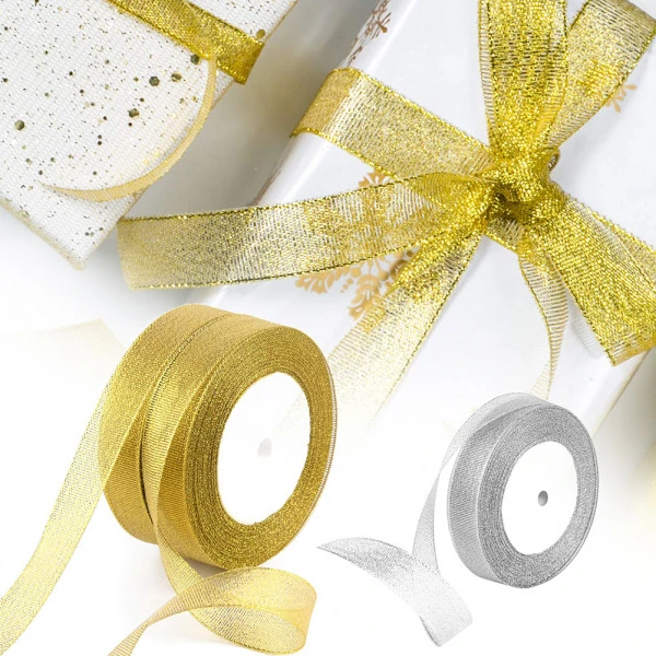 

Factory Christmas fancy organza ribbon Christmas gift Decoration ribbon wired gift metal ribbon, Gold and silver