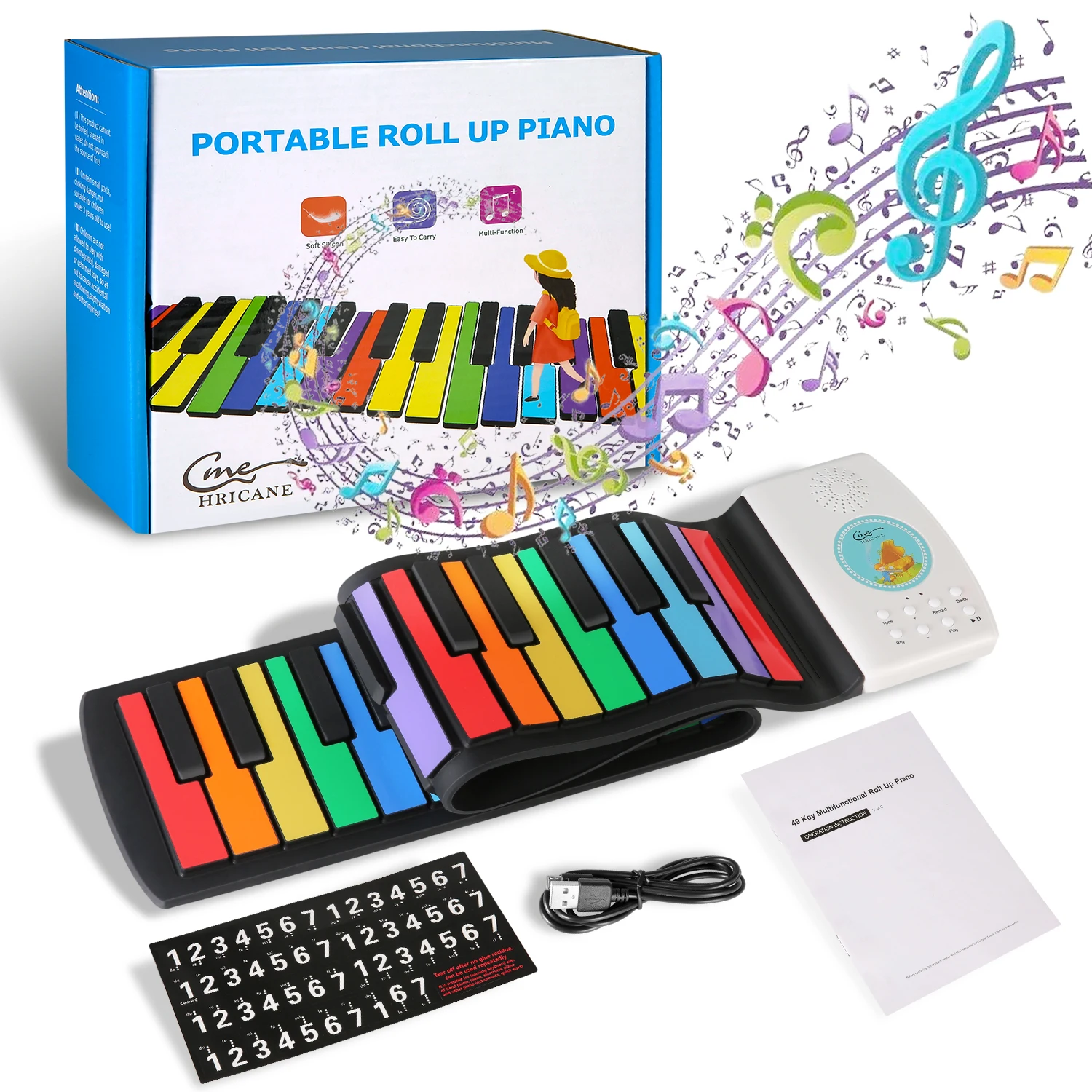 

Hricane Kids Rainbow Roll Up 49 Keys Piano with USB Rechargeable and Built-in Speaker keyboard instruments, Black