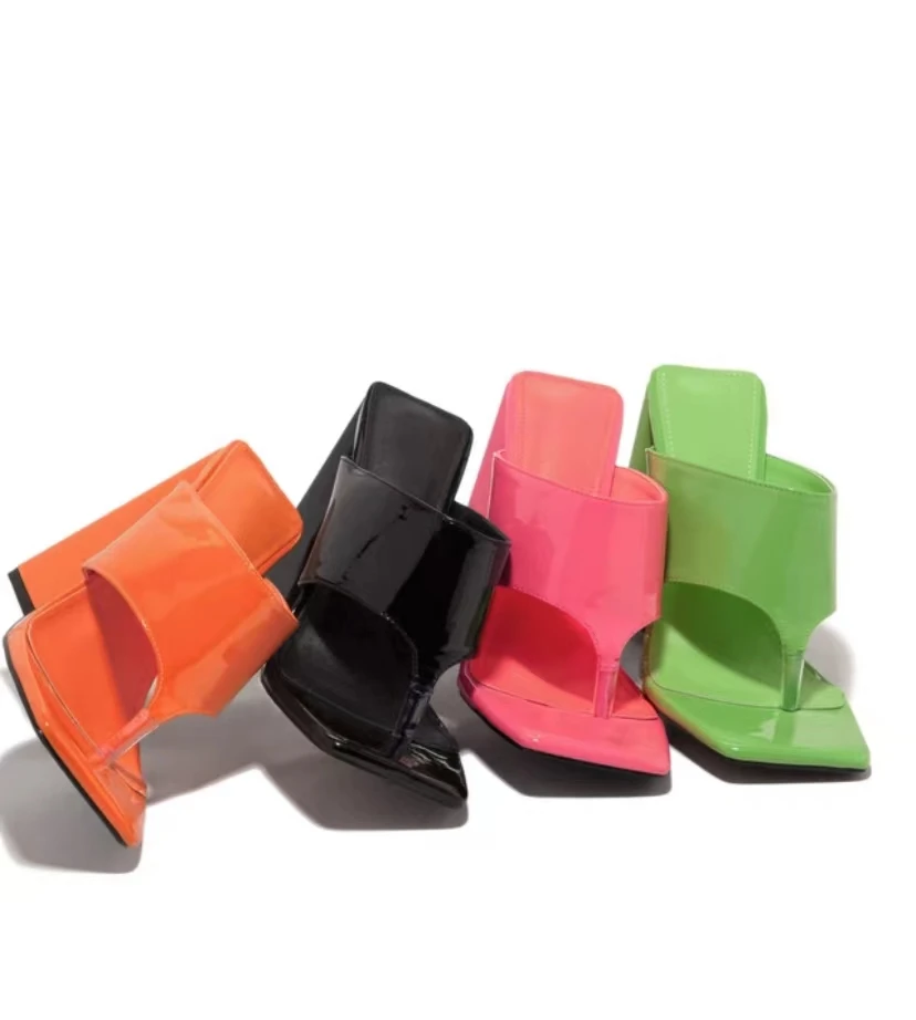 

New spring and summer bright face thick heel women's clip toe fashion square head high heels, Black,green,pink,orange