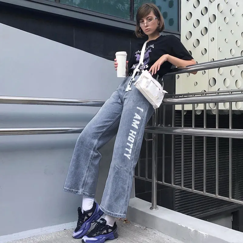 

New Design Letter Printing Wide Leg High Waist Loose Plazzo Denim Jeans Pants For Women, Customized