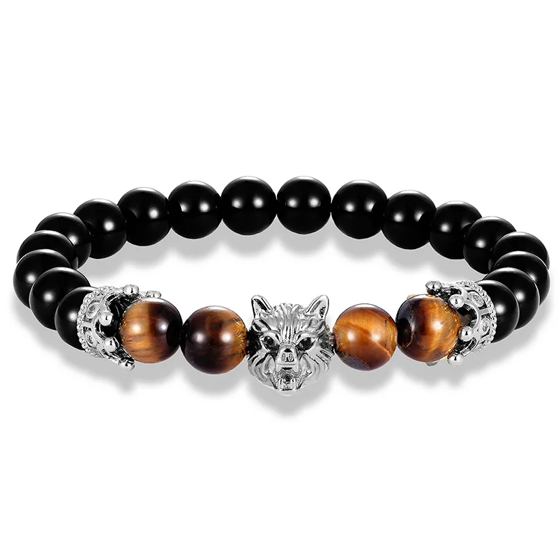 

Newest Arrival Micro Pave Crystal Wolf Head Crown Charm Bracelet Elastic Natural Tiger Eyes Stone Stretch Bead Bracelet