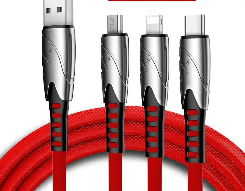 

New 3A Multi-Interface Data Cable Mobile Phone Charger Hot Alloy Braided Micro USB C-Type 3 in 1 USB Charging Cable, Black red blue