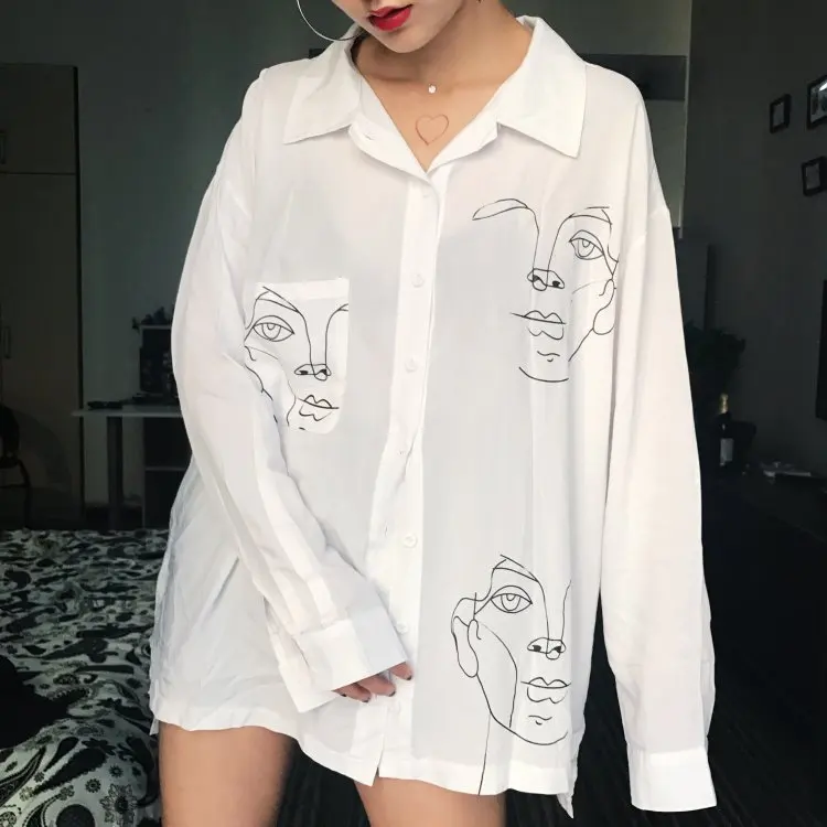 

2020 New Summer Tops Female Face Printing Full Sleeve Long Shirts Women Clothing Ladies Blouse Shirt, Picture