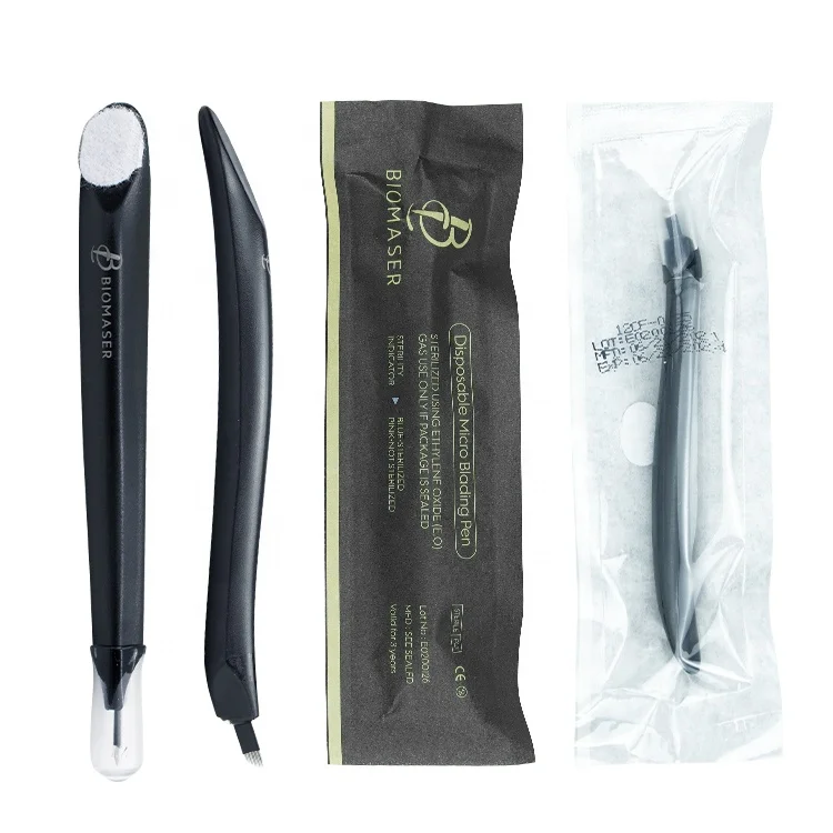 

Free Shipping Biomaser Premium Quality Super Black Blades Disposable Microblading Pen/Microblading with cotton for pigmention, Black handle