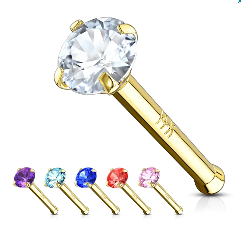 

14K gold nose rings nose bone with round CZ piercing jewelry