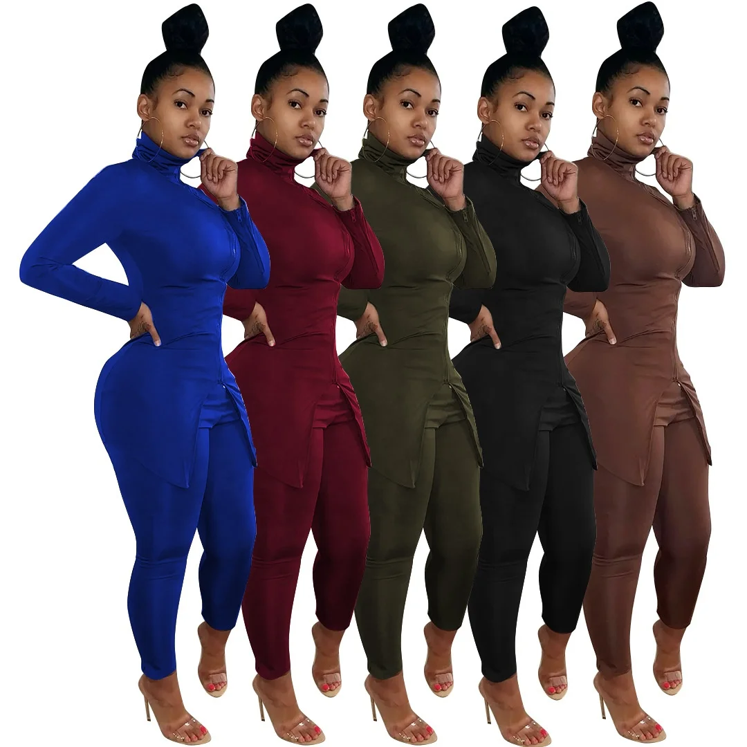 

B63940A Fast shipping women's autumn and winter style high collar zipper fashion two-piece set, Black/coffee/wine red/army green/blue