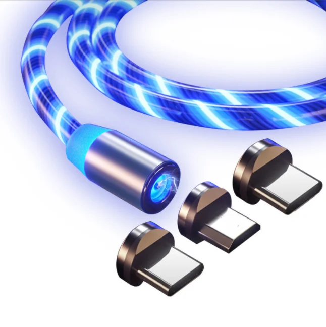 

android charger Led Flowing Light Usb 3 in 1 Fast Micro Type C Magnet Charger Magnetic Charging Cable, White