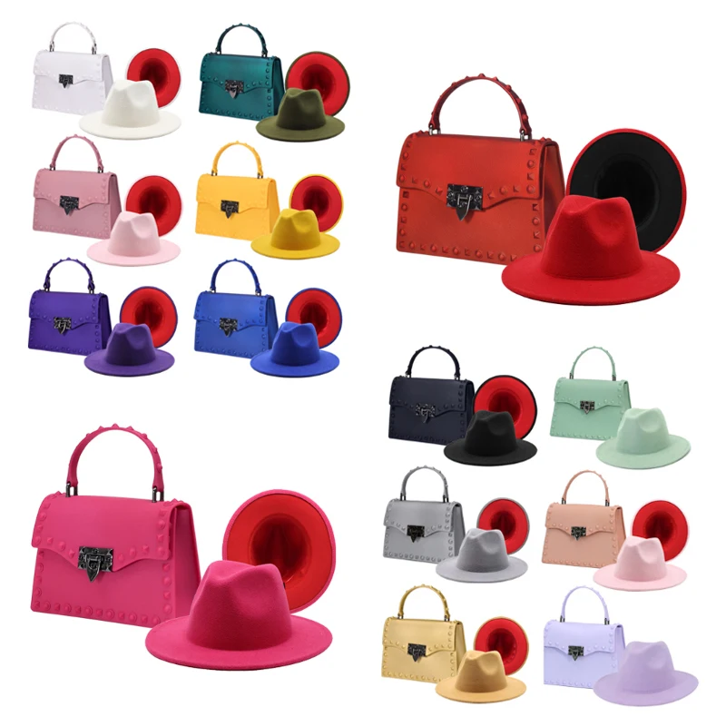 

2021 New Design Matte PVC Fedora Clutch Rivet Frosted Women Jelly Silicone Bags Matching Purse And Hat Set for Ladies, 14 colors