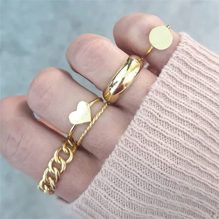 

European And American Cross-Border Jewelry, Street Fashion Ring Women, Geometric Hip-Hop Gold-Plated Love Ring Set Combination, Picture shows