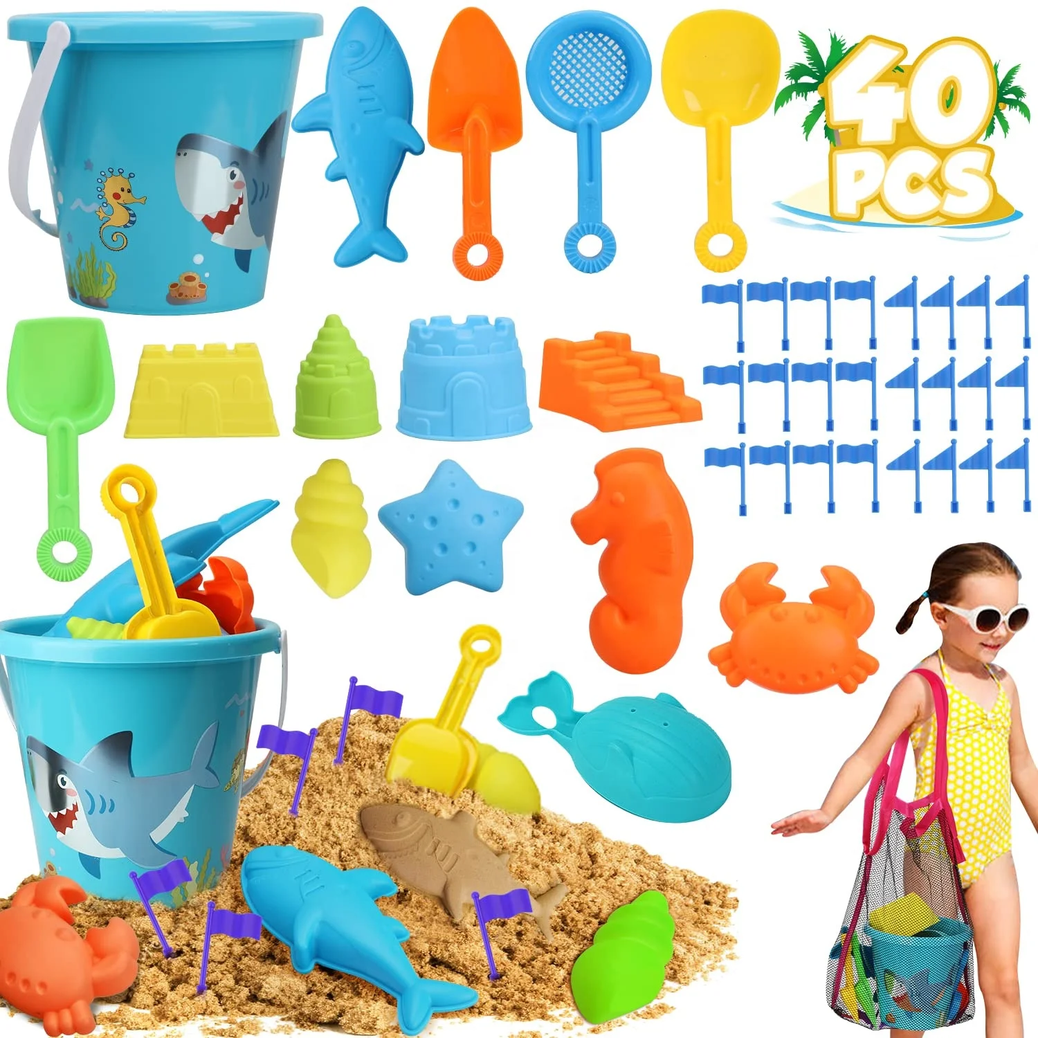 

(Only for US customers) TOY Life 40PCS Plastic Portable Bucket Kids Beach Playing Set Beach Sand Toys with Shovel Toy