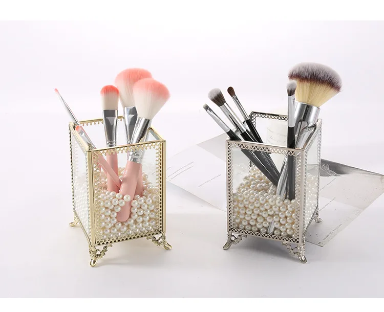 

New Retro Toughened Glass Box Makeup Organizer Desktop Cosmetic Pen Pearls Makeup Brush Storage Box, Light gold
