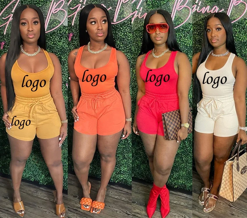 

Embroidery Logo Sleeveless Tracksuit 2 Piece Set Women Summer Biker Shorts Matching Two Piece Shorts Set, 6 colors