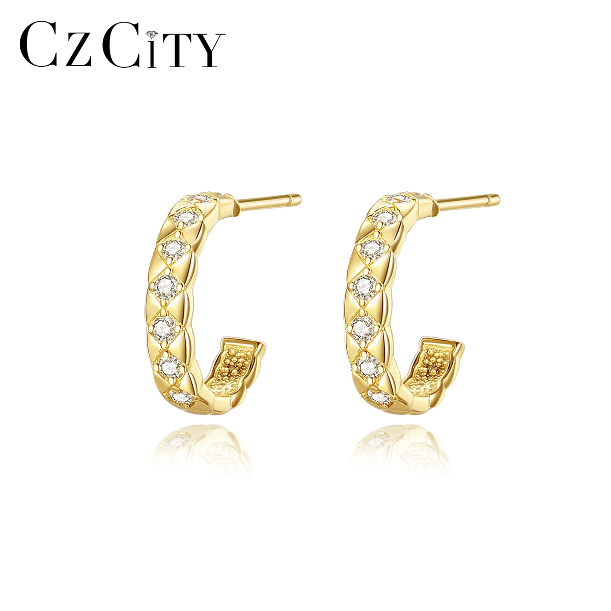 

CZCITY Cubic Zirconia C Shape Modern Sterling Silver Hoop Woven Fashion Woman Earring Gold Plated