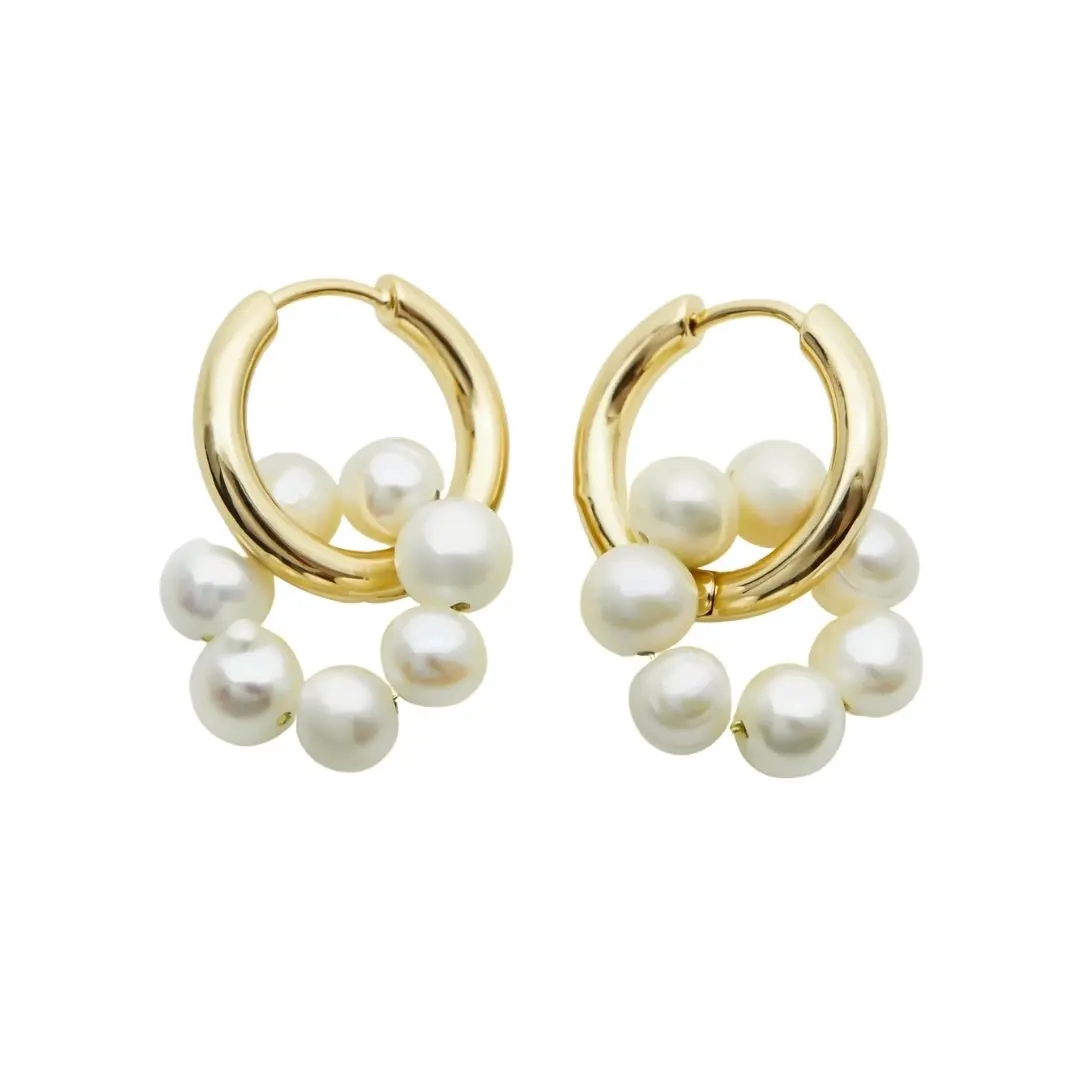 

Ready to ship brass gold hoop Genuine akoya flower pearl earrings jewelry