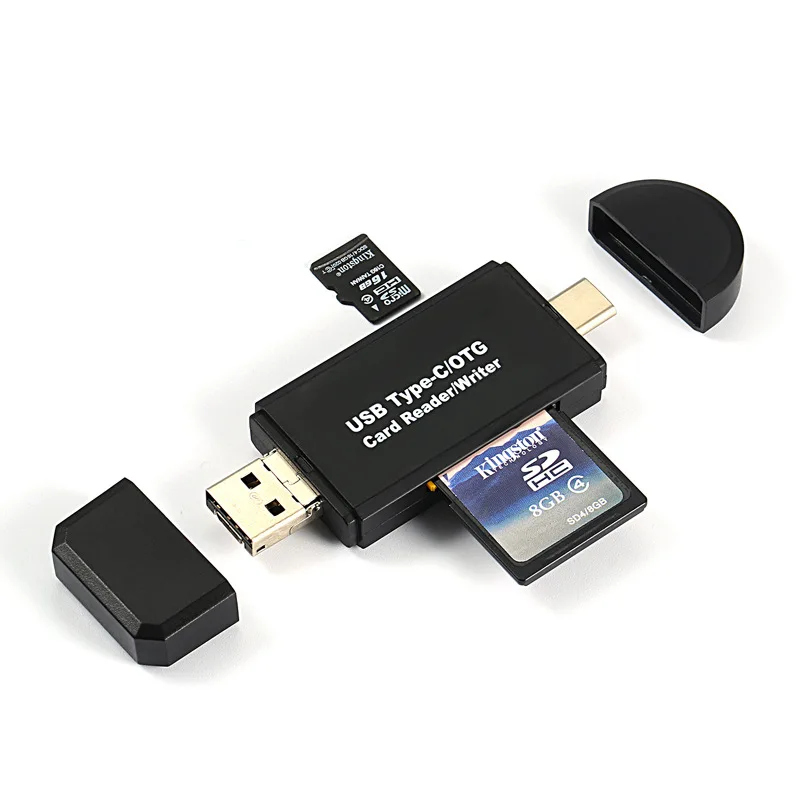 

3 in 1 OTG SD TF Reading Card High Speed Type C Micro USB Memory Card Reader for Mobilephone PC, Black
