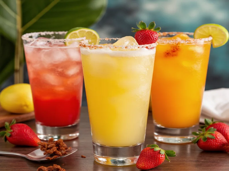 Three margarita variations: classic, strawberry, and spicy mango