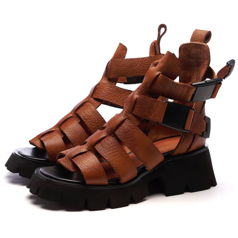 

Women Roman Platform Sandal Fish Mouth Thick Bottom Handmade Genuine Leather Vintage Lady Summer Shoe