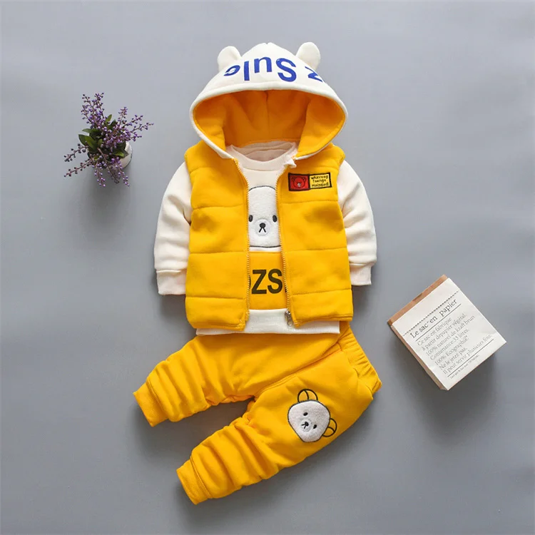 

LvCong Stylish new style fall winter children thickened hooded zipper vest+pant+sweater cute kids three piece sets