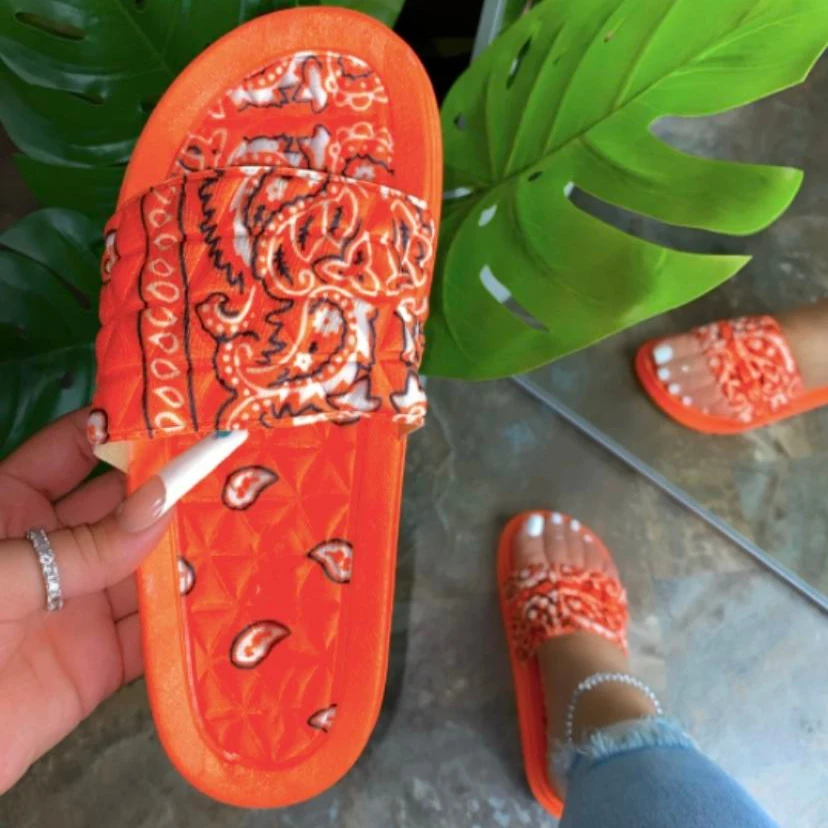 

INS New women's sandals shoes Soft satin slide print slipper Fashion Shoes Summer Slippers Sandals For Women And Ladies, White, red, blue, black, light blue, orange