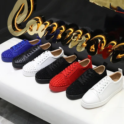 

Factory Wholesale Womens Mens Genuine Leather Red Bottom Designer Spike Shoes Famous Brands Luxury Flat Sneakers for Men Shoes, Black,red,white,blue