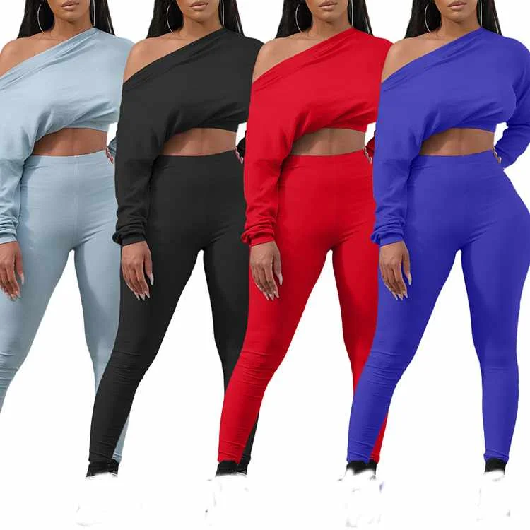 

Casual solid long sleeve crop t shirt and pants ribbed 2 pc set women