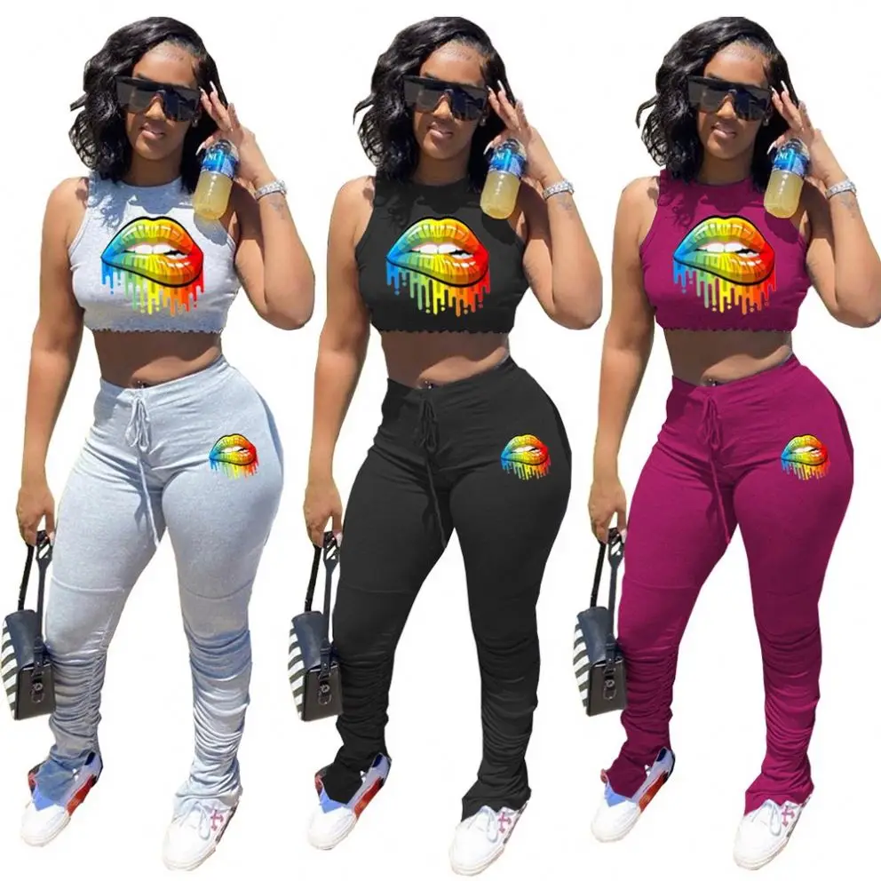 

LZX0207 New Arrival 2020 new arrivals plus size pants outfits women two pieces stacked pants set leggings with Lips Print Letter