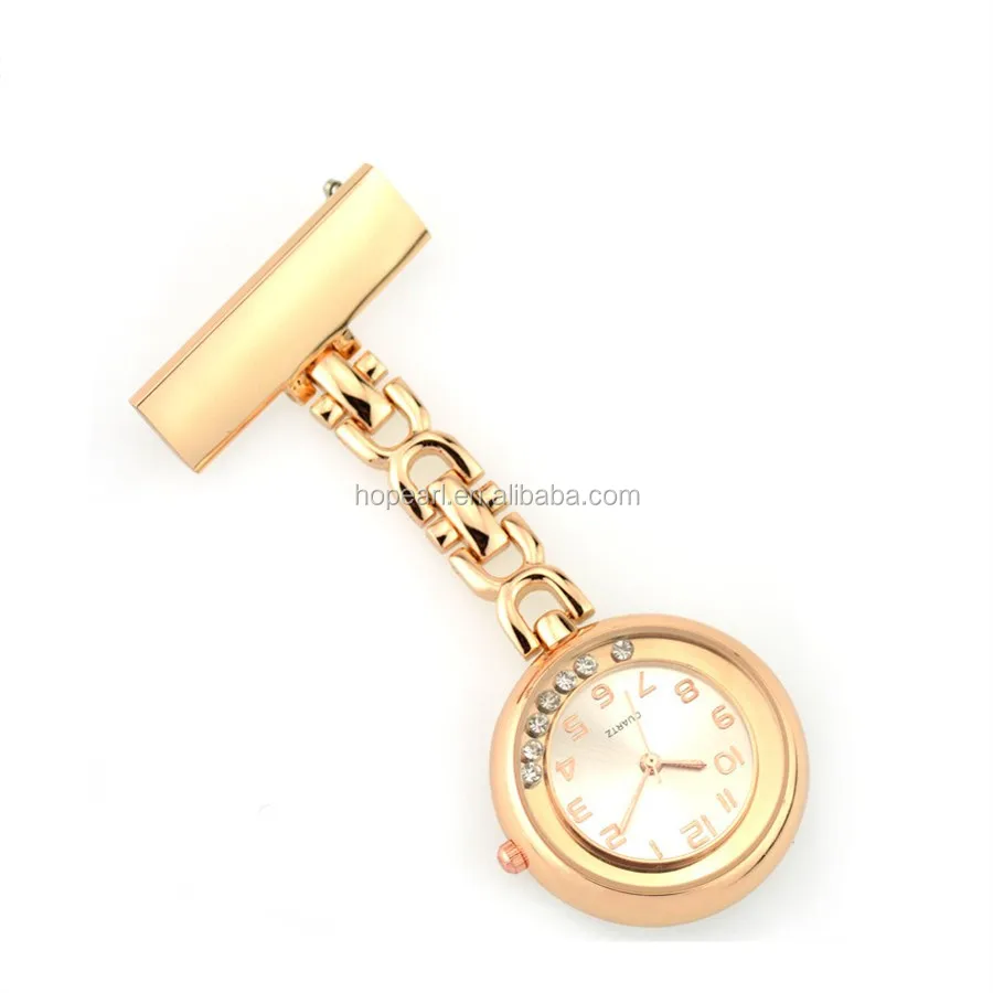 

WAH639 Rose Gold Nurses Fob Clip On Brooch Hanging Pocket Watch Rolling Crystals Fashion Ladies