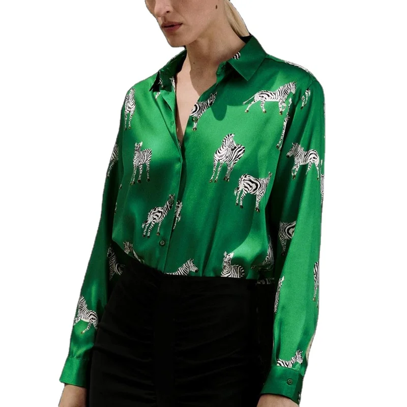 

Women's shirt summer Women's blouse long sleeve with button fashion woman blouses 2021green white Elegant print Top female, Green
