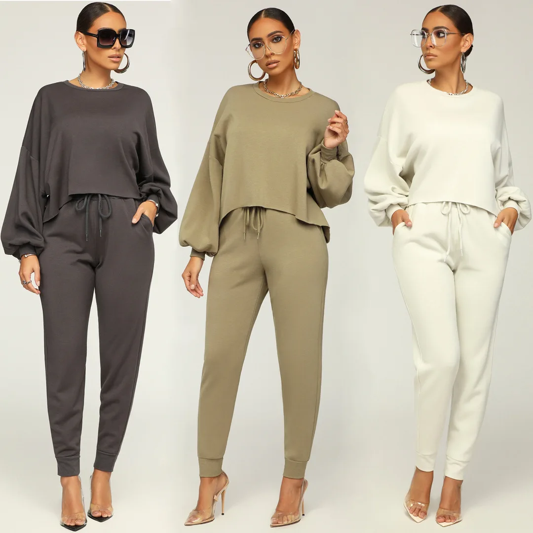 

Custom Fall Casual Long Sleeve Loose Shirt Top Leggings Pants 2 Piece Set for Women