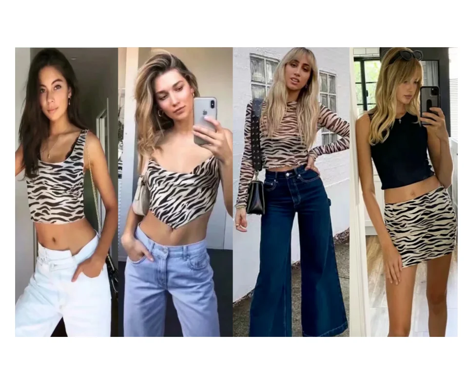 

Wholesale zebra printing knitted cami top tank top long sleeve t shirt skirt sets