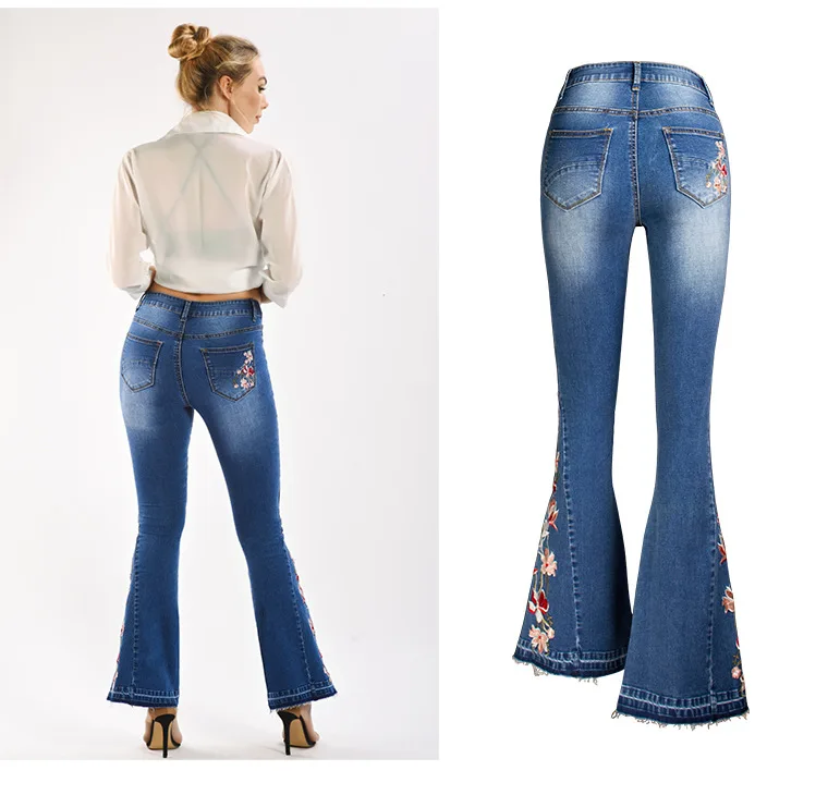 Good Quality Fashion Retro High Waist Stretch Ripped Floral Embroidery Flared Pants Women's Jeans