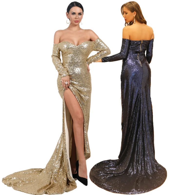 

Candice hot selling sexy wrap sequin strapless off the shoulder evening gown navy blue bridesmaid dinner dresses for women