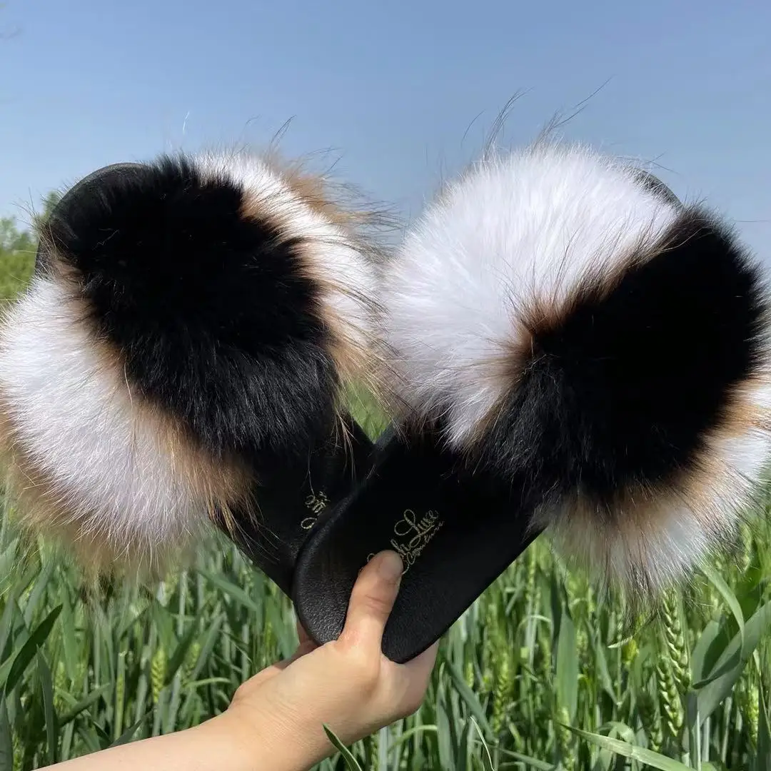 

Factory direct sales fox fur slides, raccoon fur slides, Customized color