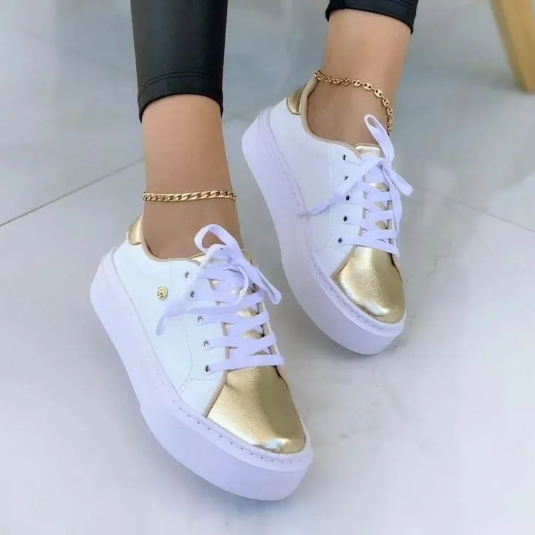 

2023 new fashion round head thick sole large size casual student white shoes