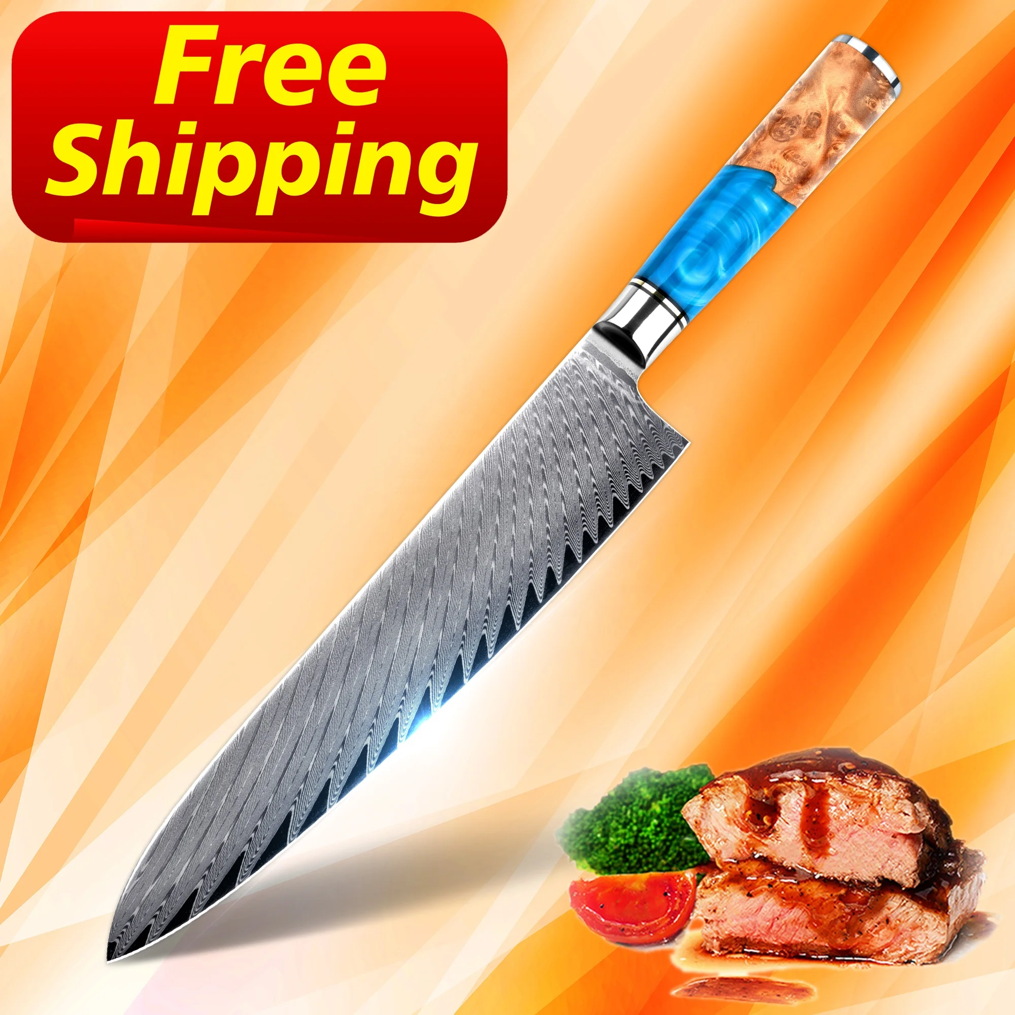 

Free Shipping orders over 100 pcs 9.5 inch vg10 japanese kitchen knives damascus chef knife with 67 layers, Customized color