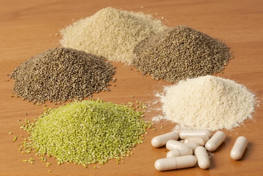 Various forms of celery seed products including whole seeds, ground powder, and capsules arranged on a wooden table