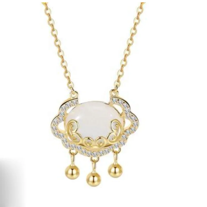 

Light luxury white chalcedony safe lock s925 sterling silver necklace female national trend retro, Silver+yellow gold