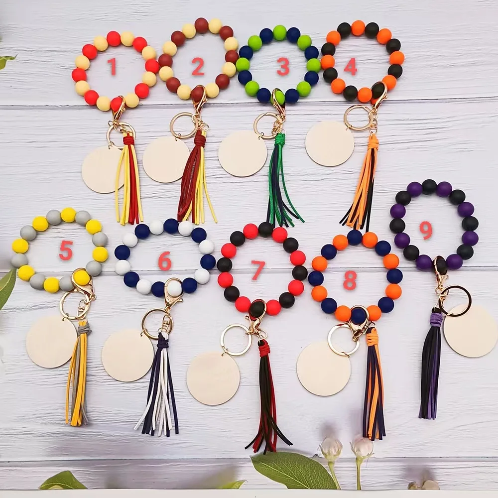 

2022dayK cross border personalized engraving blank disc tassel monochrome silicone beaded wristlet keychain