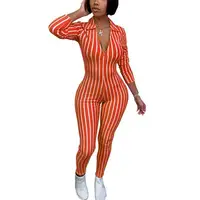 

Summer Fashion Orange Stripe Lapel Neck Zipper Women One Piece Sexy Jumpsuits