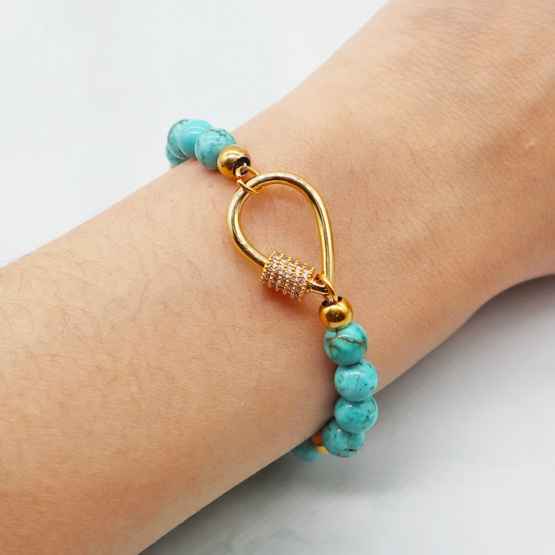 

W0714 Fashion designed gold color plated water drop CZ brass closure turquoise bracelet