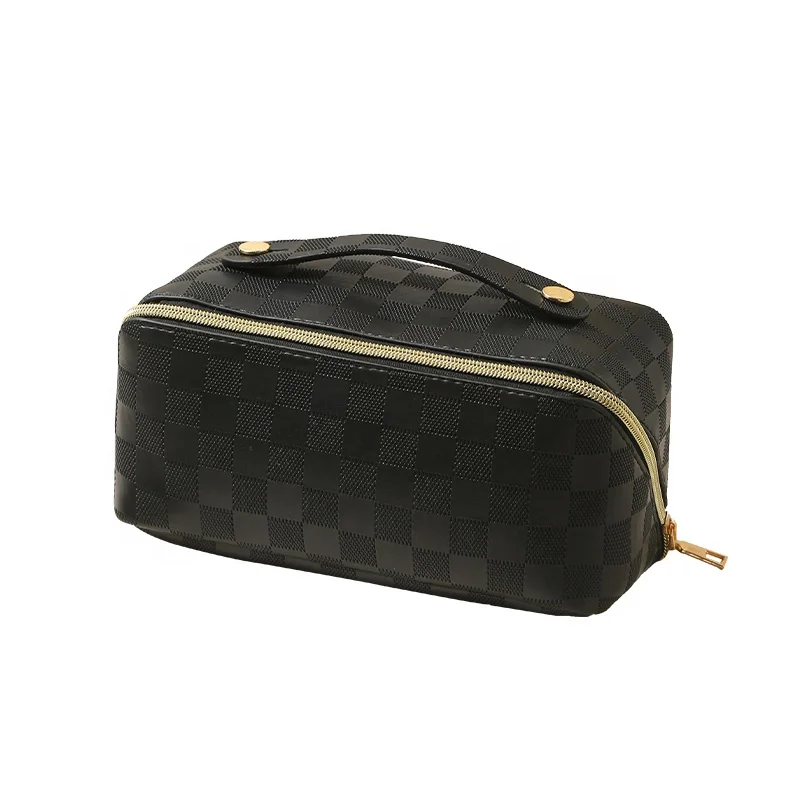 

Large Capacity Travel Cosmetic Bag Checkered Makeup Pouch PU Waterproof Toiletry Wash Bags Organizer