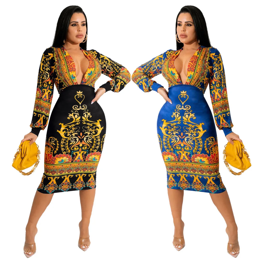 

African Women Dresses Deep V Long Sleeve Elegant Dresses Women Casual, Customized color