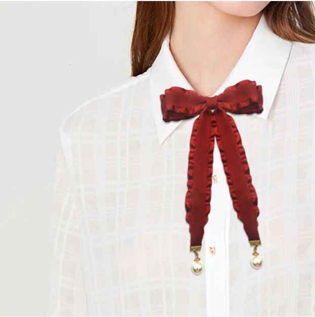 

18cm British retro red bow brooch with pearl pendant butterfly bowknot necktie elegant female necktie collar shirt jewelry, Picture