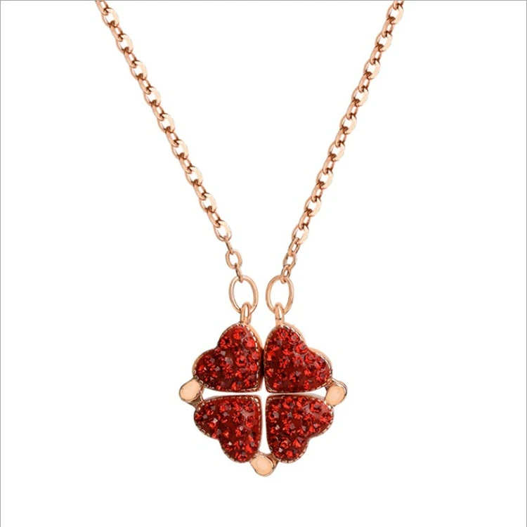 Korean version of four-leaf clover necklace love split folding pendant rose gold clavicle chain crystal diamond necklace