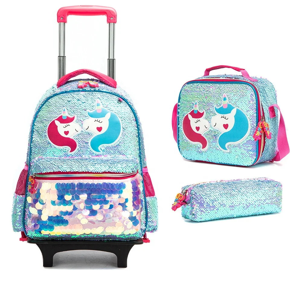 

M&d Wholesale Cute Sequin Girls Backpack Kids 3 Pcs Sets Children Bookbags Mochila Infantil Unicorn Trolley School Bags, Multiple colors