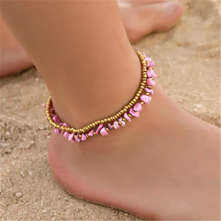 

Wholesale Bohemian Irregular Nature Stone Beaded Anklet Bells Handmade Anklet Jewelry Women