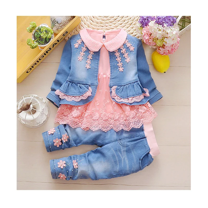 

Fashion Casual Comfortable Cute Cartoon Elegant Floral Lace 3 Pieces Jeans Cotto Children Little Girl Clothes