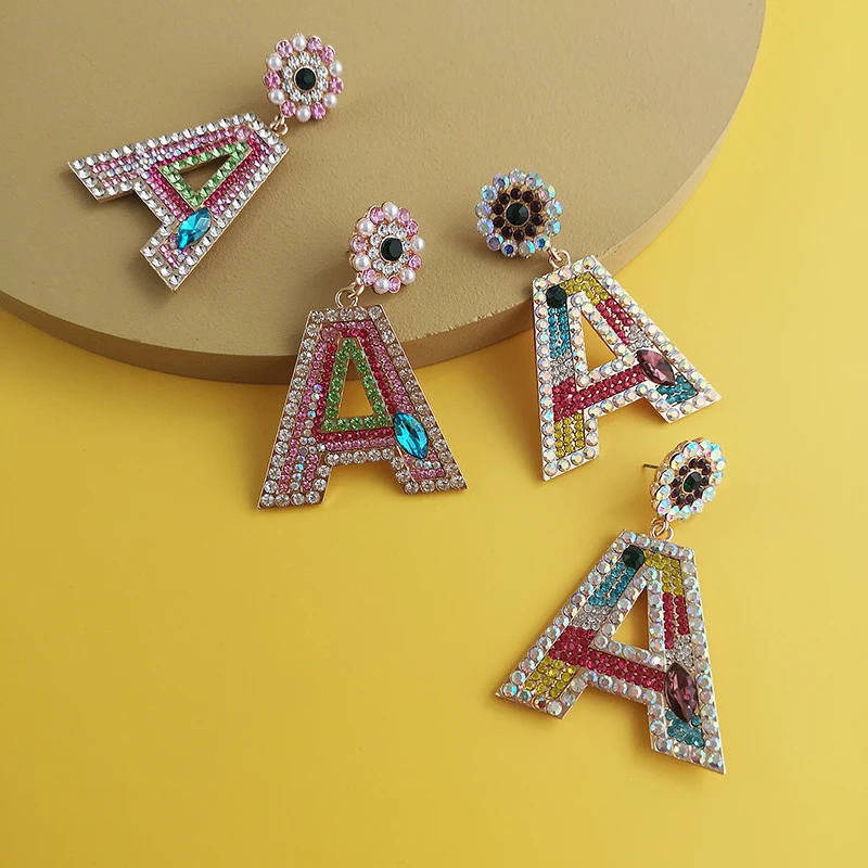 

Fashion Custom Jewelry Long Crystal Gold Initial Earrings Alphabet Letter A Initial Letter Earrings for Women, Multi color